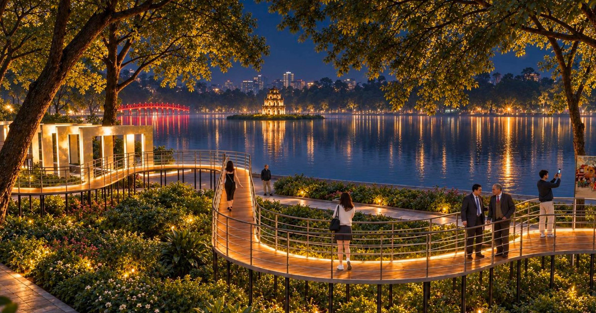 Lắp đặt cầu tạm, khung gương giữa vườn hoa Hồ Hoàn Kiếm