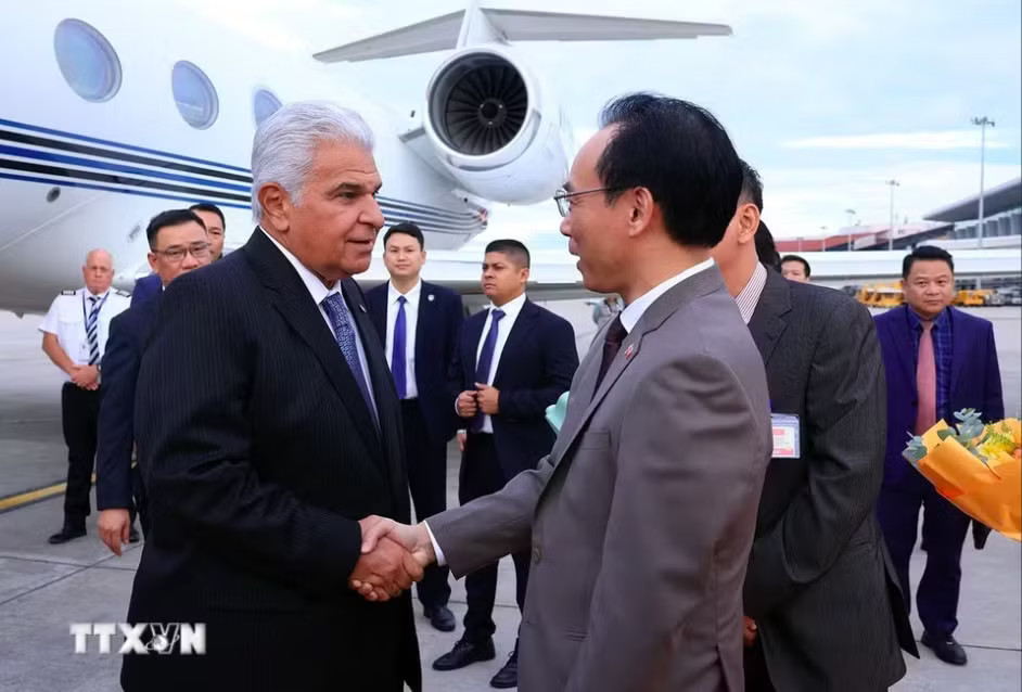 Bộ trưởng GD&ĐT Hoàng Minh Sơn đón Tổng thống Panama và Phu nhân tại sân bay Nội Bài. Ảnh: TTXVN Tổng thống Panama và Phu nhân đến Hà Nội, bắt đầu thăm chính thức Việt Nam - Ảnh 1.