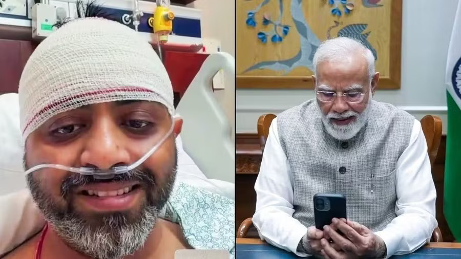 Cơ trưởng Smit Machchhar trò chuyện qua video với Thủ tướng Ấn Độ Narendra Modi từ phòng bệnh. Nguồn: RT Báo Mỹ: 'Lỗ hổng bảo mật' là nguyên nhân dẫn đến vụ tấn công trên chuyến bay Flydubai - Ảnh 1.