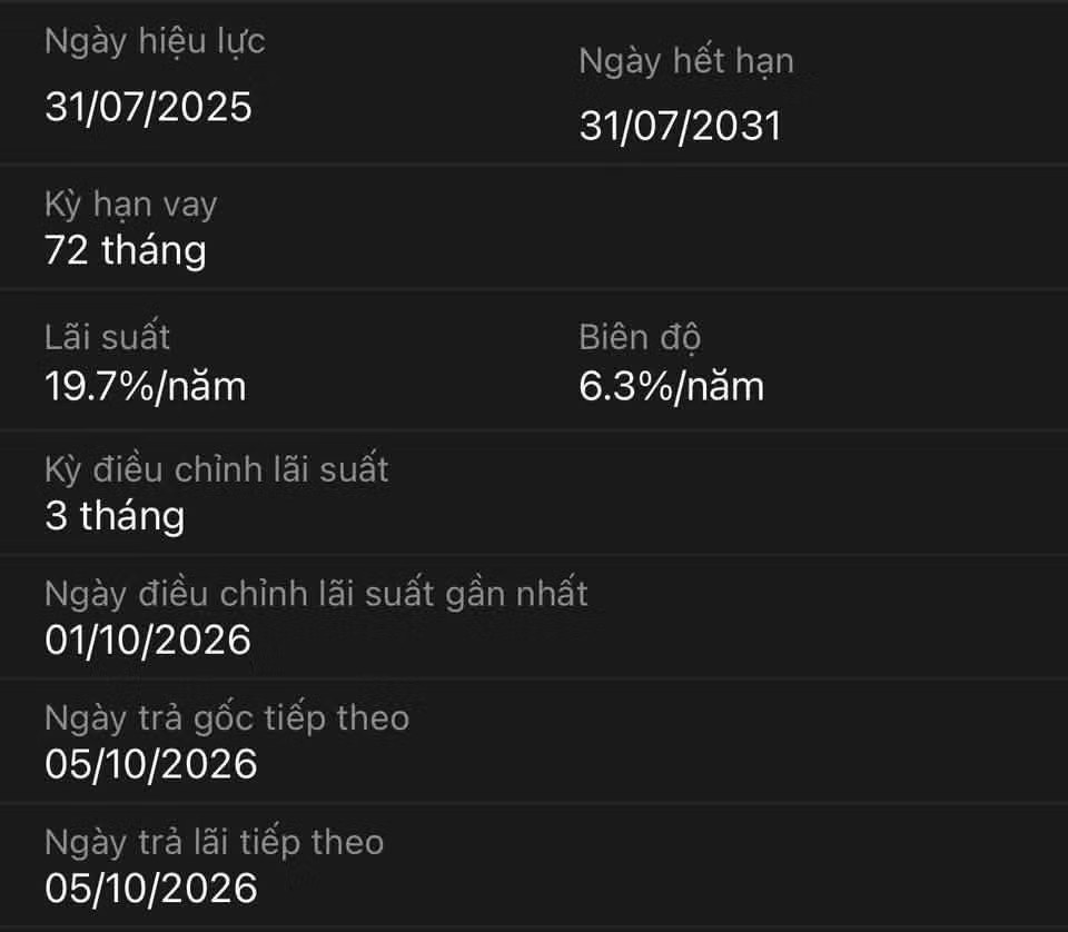 Khoản vay mua ô tô của anh N.T. chịu lãi suất gần 20% sau khi hết ưu đãi năm đầu. (Ảnh: NVCC). Khách vay mua ô tô 'oằn mình' gánh lãi suất thả nổi gần 20% - Ảnh 2.
