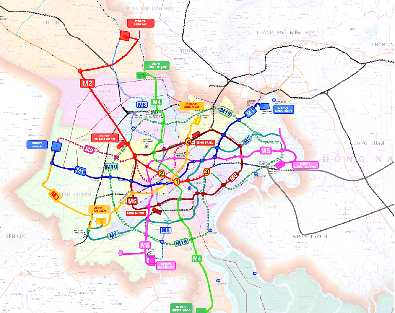 Hướng tuyến metro số 4 (màu xanh lá cây) trong mạng lưới metro tổng thể của TP.HCM.