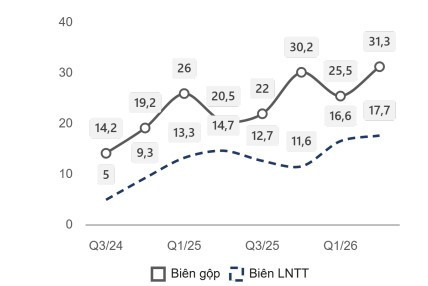 Biên lợi nhuận gộp hưởng lợi từ giá bán tăng nhanh hơn giá
