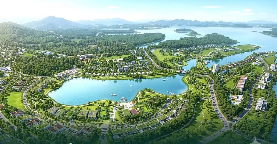 Dự án Khu đô thị hỗn hợp du lịch sinh thái hồ Lập Đinh tại phường Xuân Hòa, tỉnh Phú Thọ, có quy mô hơn 525 ha, tổng vốn đầu tư dự kiến trên 25.639 tỷ đồng. Ảnh: Minh họa AI Phú Thọ sẽ đấu thầu quốc tế dự án đô thị sinh thái hơn 25 nghìn tỷ đồng - Ảnh 1.