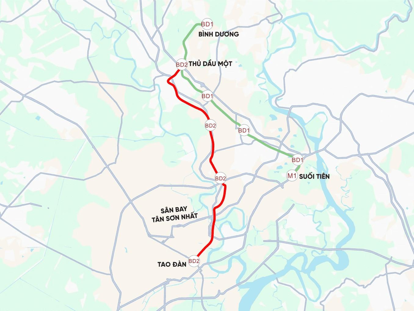 Theo phương án mới, tuyến Metro số 2 Thủ Dầu Một - Bình Dương sẽ được kéo dài đến ga Tao Đàn. Đồ họa: Ngọc Tân
