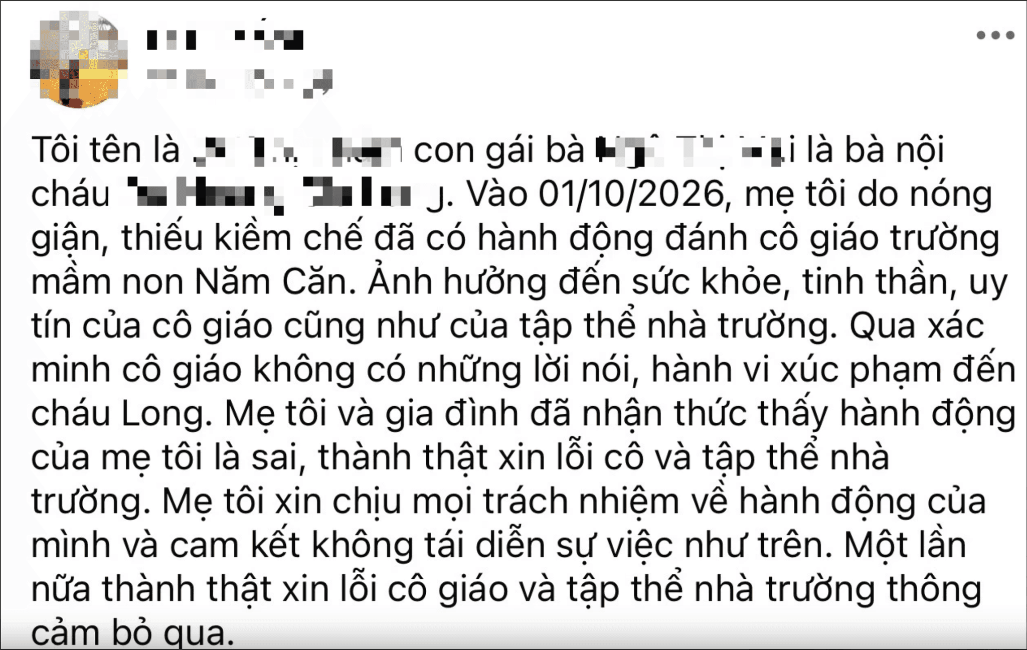 Con gái bà N.T.M. đăng lời xin lỗi nữ giáo viên và tập thể Trường mầm non Năm Căn sau vụ mẹ mình đánh giáo viên. Ảnh: Internet