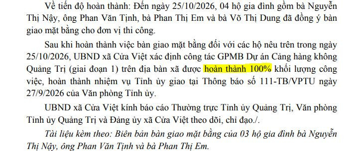 Hiện công tác giải phóng mặt bằng phục vụ dự án Cảng hàng không Quảng Trị (giai đoạn 1) đã hoàn thành 100%.