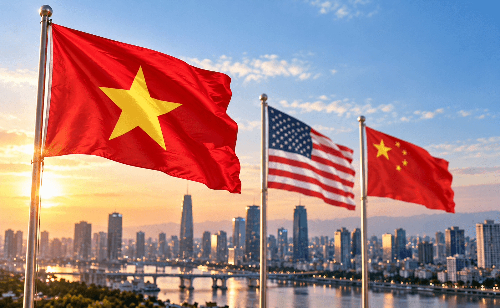 Ba lá cờ bên sông lúc hoàng hôn