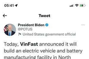 Tổng thống Mỹ Joe Biden đăng trên Twitter chúc mừng VinFast 