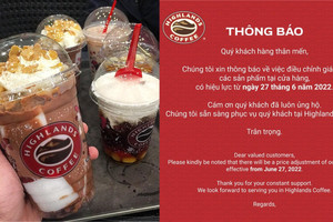 Chi phí nguyên liệu leo thang, chuỗi cà phê Highlands Coffee thông báo tăng giá đồ uống từ 27/6