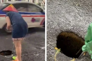 Hố sụt sâu gần 1m giữa lòng đường Hà Nội