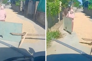Mang tôn, thanh gỗ chắn đường phơi lúa, đe dọa tài xế ô tô