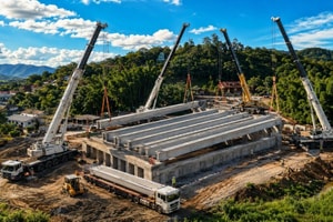 Huy động cần cẩu khổng lồ lắp 7 dầm bê tông nặng 82 tấn để xây cầu nối hai tuyến đường huyết mạch, vốn đầu tư hơn 10 tỷ đồng