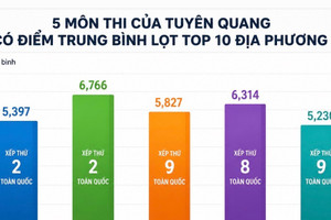 Tuyên Quang có 5 môn lọt top 10 địa phương có điểm trung bình cao nhất toàn quốc
