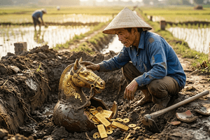 Khai quật, tịch thu tượng thú nặng 25,55kg mạ vàng do người nông dân tìm thấy khi đang làm đồng
