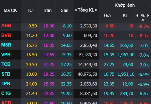 Trụ bank VPB, TCB, STB, CTG, TPB bị bán sàn, VN-Index rơi về 1.035 điểm