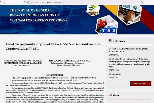 Công bố danh sách 39 nhà cung cấp nước ngoài đã đăng ký thuế tại Việt Nam
