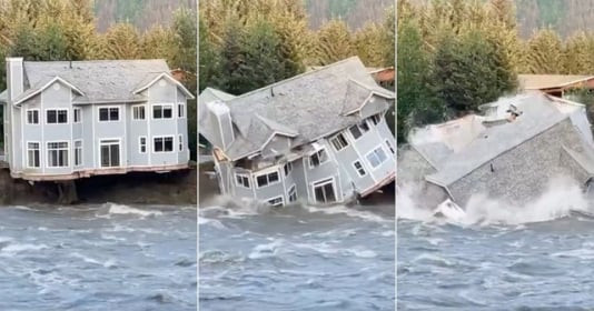 Vỡ đập sông băng gây lũ lụt nghiêm trọng, cả ngôi nhà đổ sụp xuống sông trong chớp mắt
