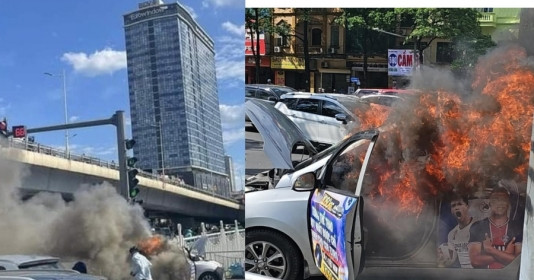 Một chiếc ô tô bất ngờ bốc cháy trên đường Hà nội, toàn bộ ghế lái bị thiêu rụi, xe hư hỏng nặng