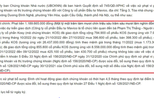 Mavico bị phạt 1,2 tỷ đồng, cấm giao dịch gần 5 tháng vì giao dịch “chui” cổ phiếu KOS