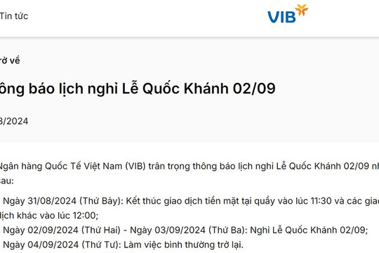 Lịch nghỉ lễ Quốc khánh 2/9/2024 của các ngân hàng