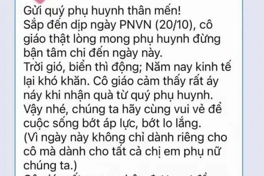 Xôn xao tin nhắn cô giáo 'mong phụ huynh đừng bận tâm' chuyện quà ngày 20/10