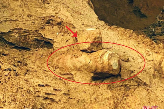 Anh Linh đang chèo thuyền thì phát hiện vật lạ nhô ra từ đất, Ban Chỉ huy quân sự lập tức cử người đến canh phòng