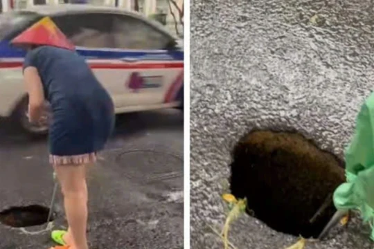 Hố sụt sâu gần 1m giữa lòng đường Hà Nội