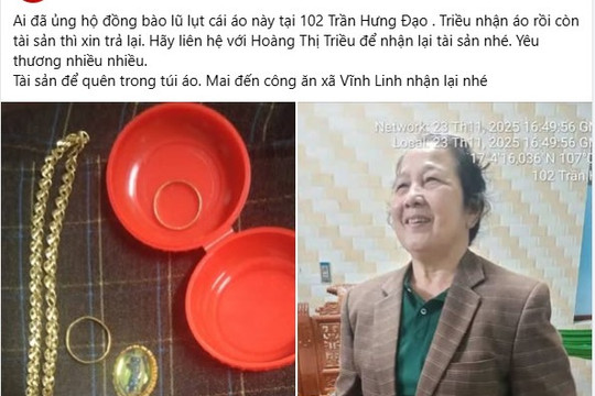 Phát hiện 2 nhẫn vàng, 1 dây chuyền vàng trong túi áo cũ gửi tặng đồng bào vùng lũ, người phụ nữ vội trình báo công an