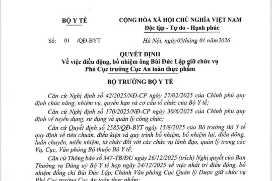 Bổ nhiệm Phó Cục trưởng Cục An toàn thực phẩm