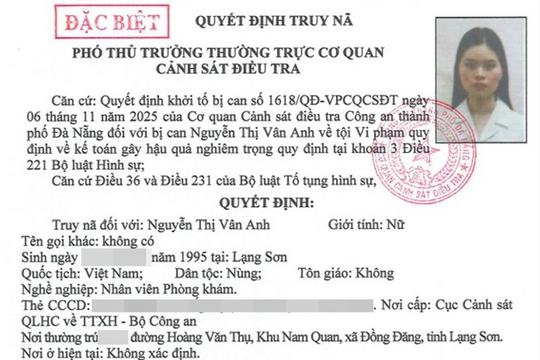 Truy nã đặc biệt kế toán Nguyễn Thị Vân Anh SN 1995