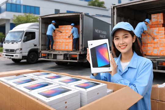 Một doanh nghiệp dùng 2 xe tải chở 5.000 máy tính bảng tặng quà Tết cho công nhân