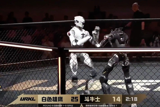 Robot đấm nhau trên võ đài MMA: Bị đá văng đầu vẫn lội ngược dòng chiến thắng
