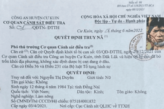 Công an kêu gọi Nguyễn Thị Duyên ra đầu thú